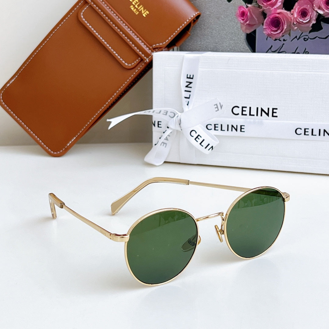 Celine round sunglasses with gold frame and green lenses, wide view