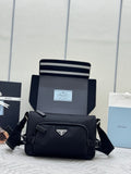 Prada shoulder bag with top flap, black exterior, and adjustable strap
