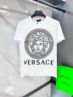 Versace white T-shirt with circular Medusa logo and VERSACE logo print on chest