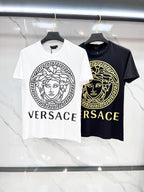 White and black Versace T-shirts with Medusa logo and VERSACE lettering