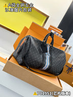 Men's Louis Vuitton duffel bag with monogram print and blue stripe, angled side view