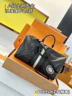 Louis Vuitton men's duffle bag, dark monogram print with top handles and round logo patch