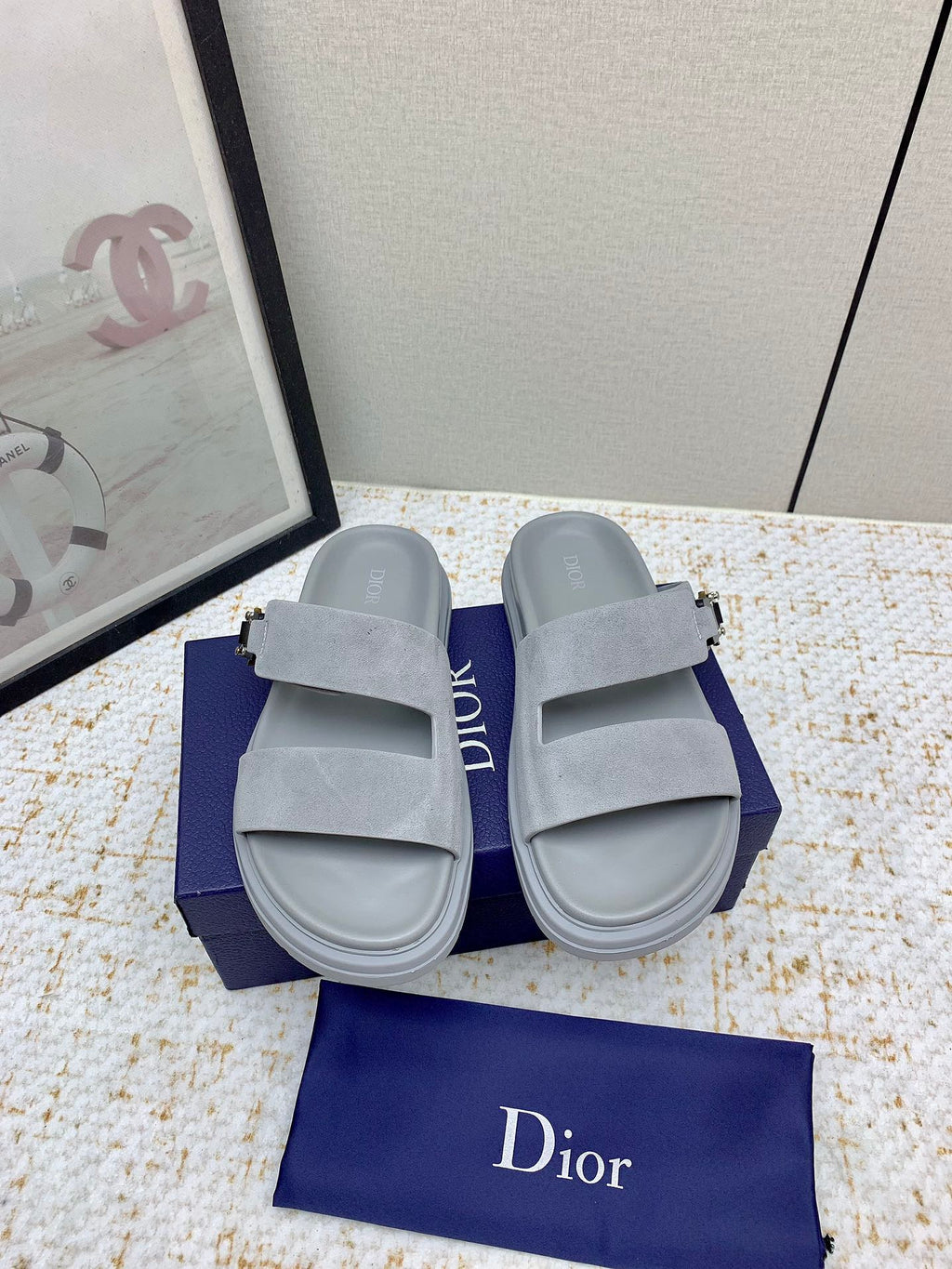Dior slide sandals, light gray suede with two wide straps and buckle fastening