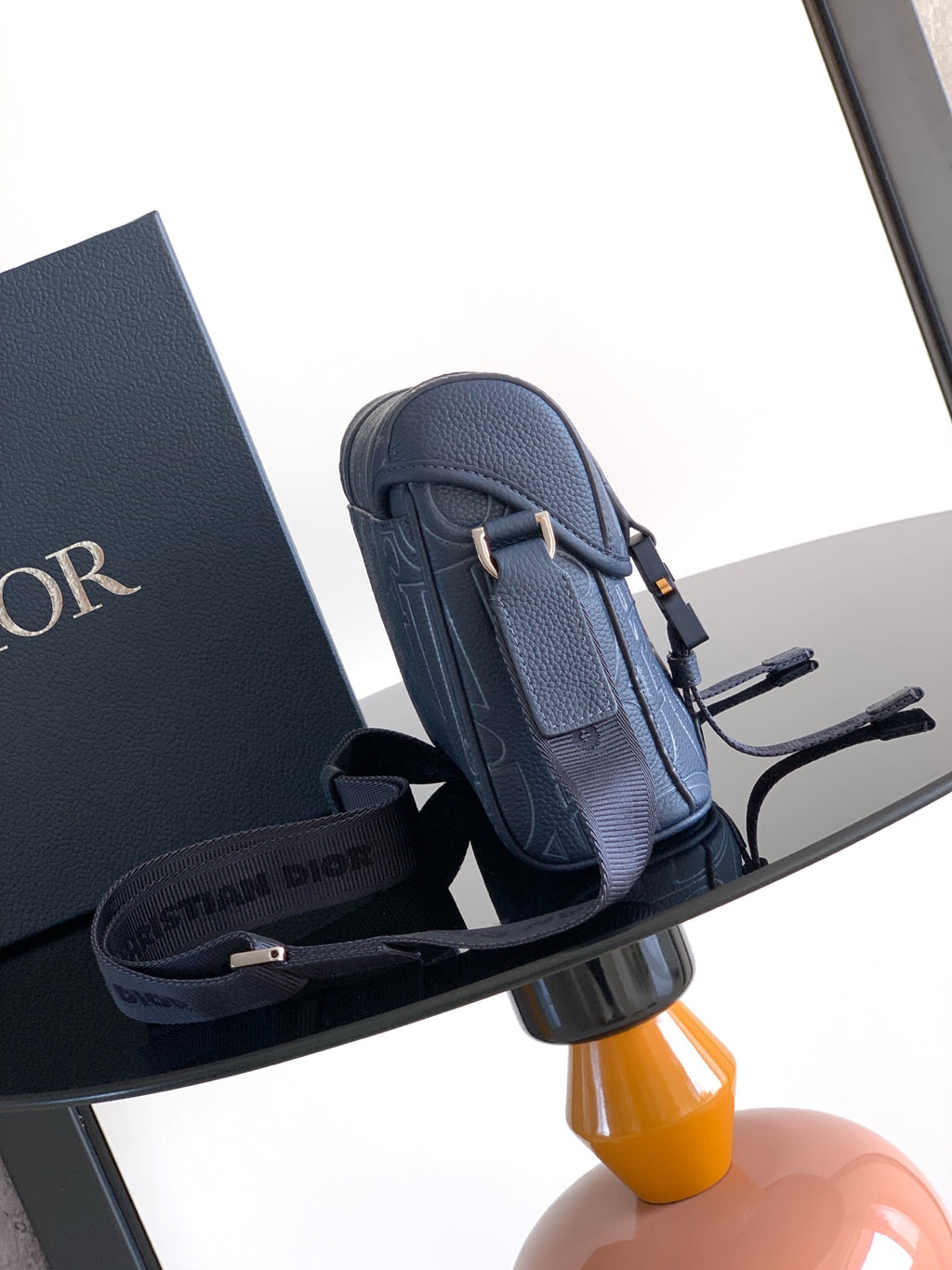 Dior blue embossed monogram shoulder bag with top flap and adjustable strap