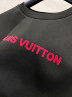 Black short-sleeve T-shirt with pink and red Louis Vuitton logo lettering