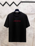Black short-sleeve T-shirt with red Louis Vuitton logo on the chest