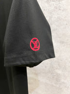 Black short-sleeve T-shirt with red circular LV emblem on the sleeve