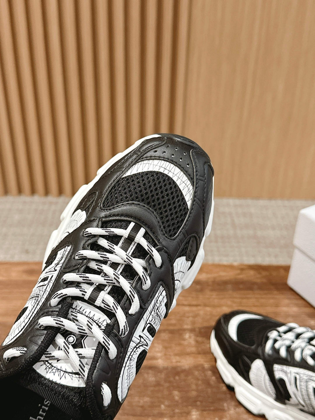 Dior lace-up sneaker close-up, black mesh and white panels with lace detail