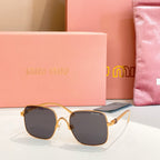 Gold-framed square sunglasses with dark gray-tinted lenses