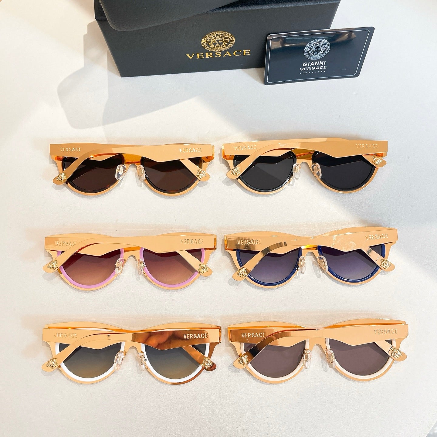 Versace sunglasses assortment, cat-eye frames with tinted lenses in 6 colorways