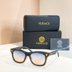 Versace sunglasses with dark frames, square lenses, and gold emblem temple tips
