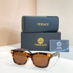Versace sunglasses with tortoiseshell brown frames, round-square lenses, and gold emblem