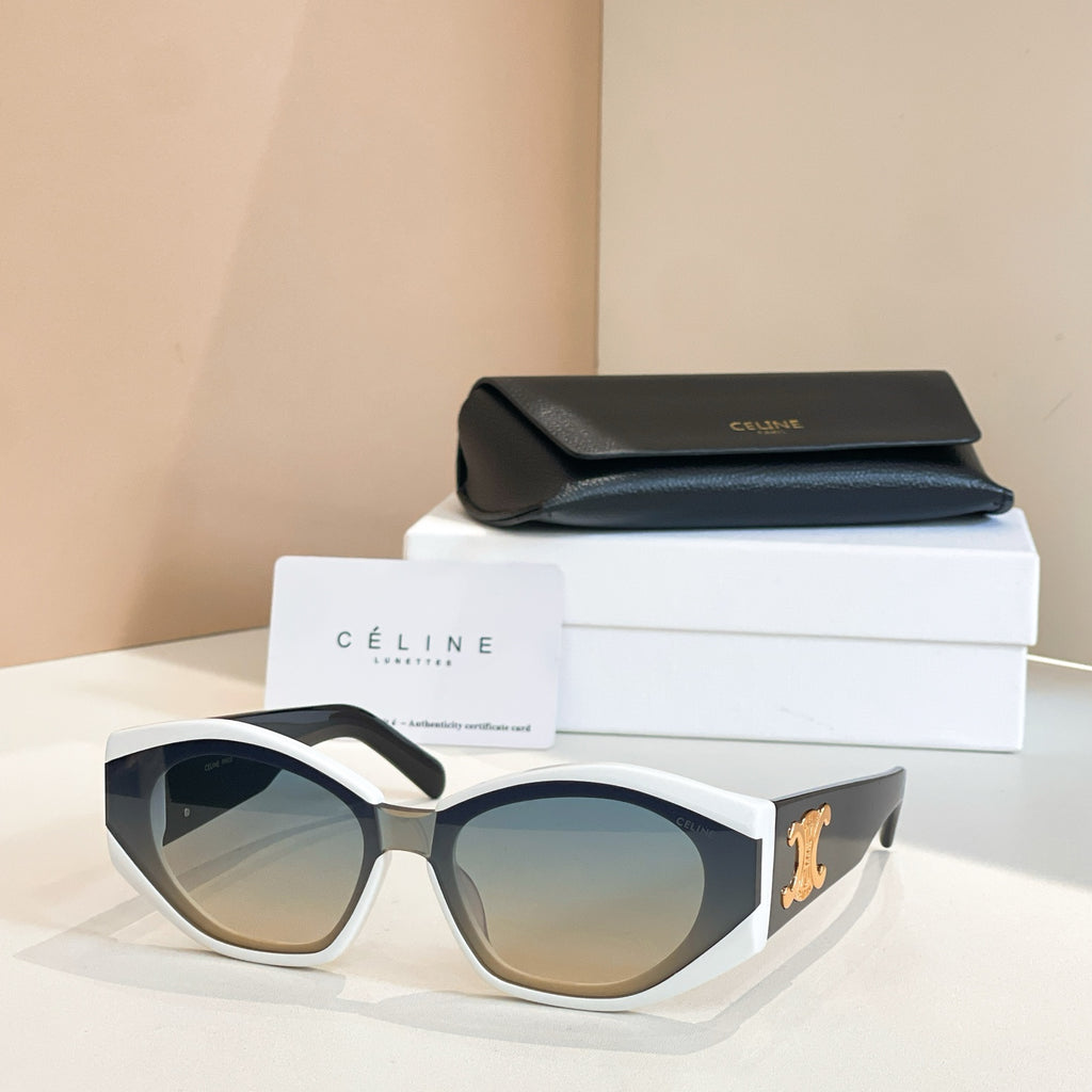 Cream cat-eye sunglasses with gold logo detail and light blue lenses.
