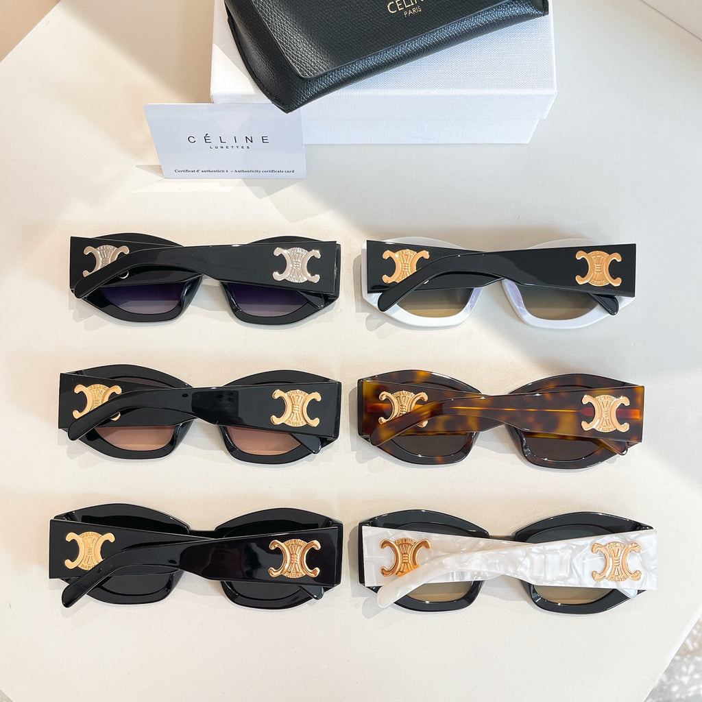 Assorted cat-eye sunglasses with gold logo on black, tortoiseshell, and cream frames.