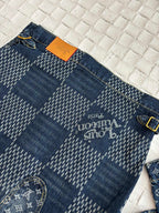 Dark blue denim shorts with LV monogram print and gold button waist