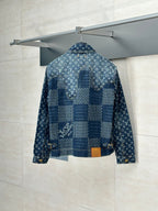 Louis Vuitton long-sleeve denim jacket back view, blue patchwork monogram print