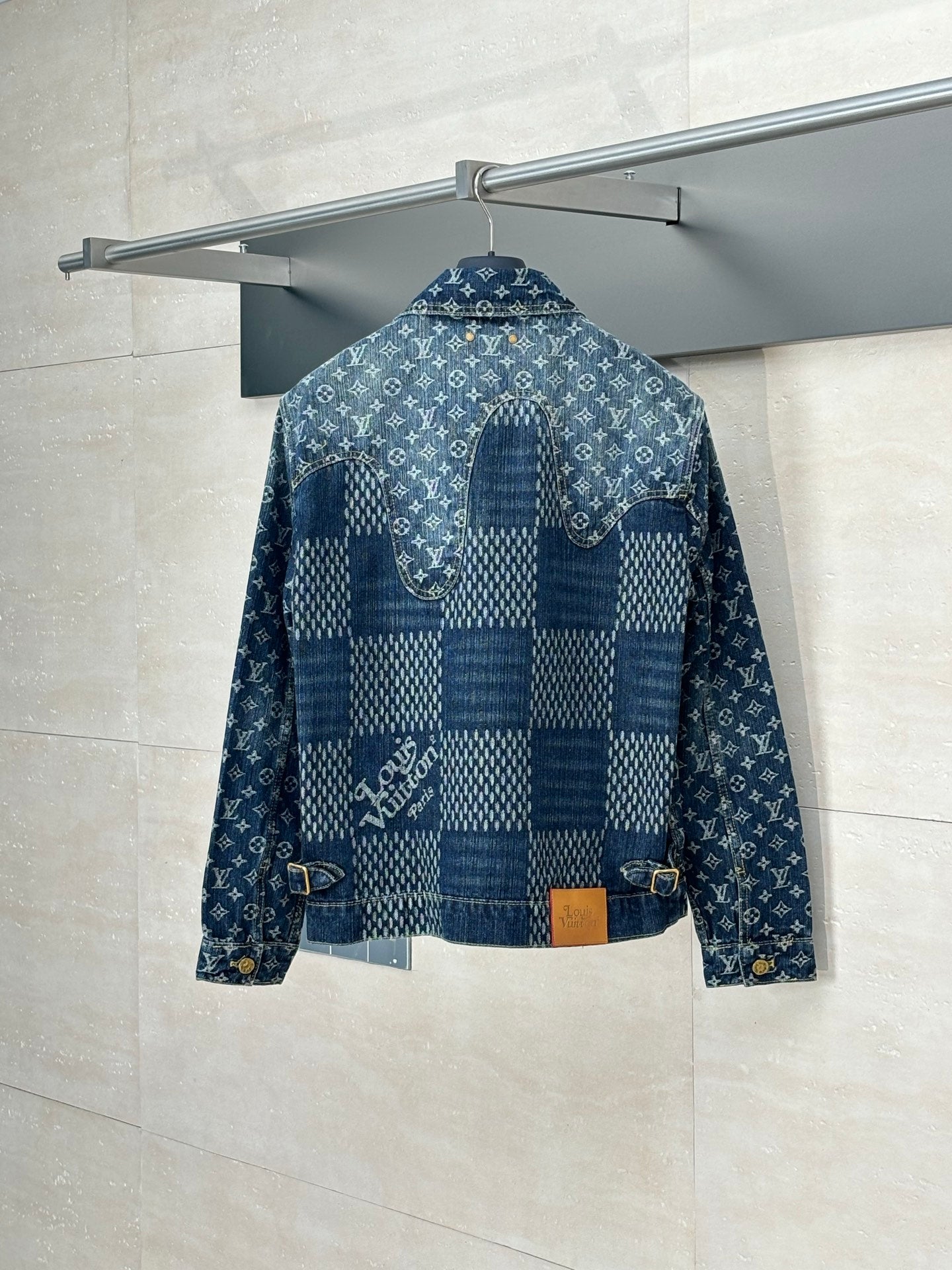 Louis Vuitton long-sleeve denim jacket back view, blue patchwork monogram print