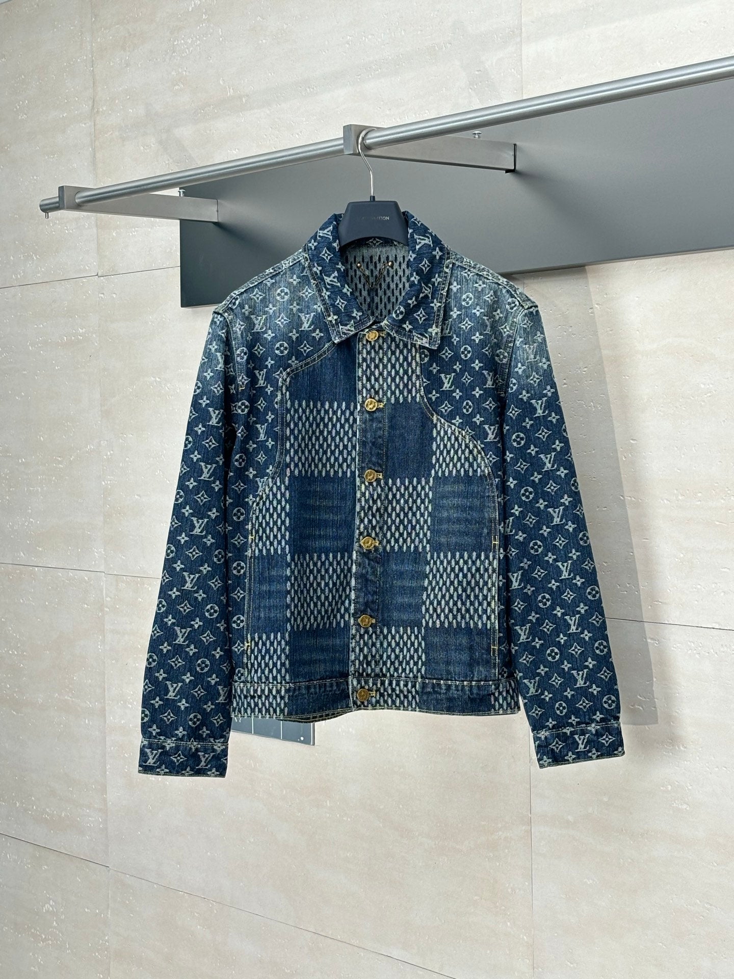 Louis Vuitton long-sleeve denim jacket in blue patchwork monogram, button front
