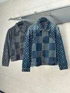 Pair of Louis Vuitton long-sleeve denim jackets with blue monogram patchwork panels
