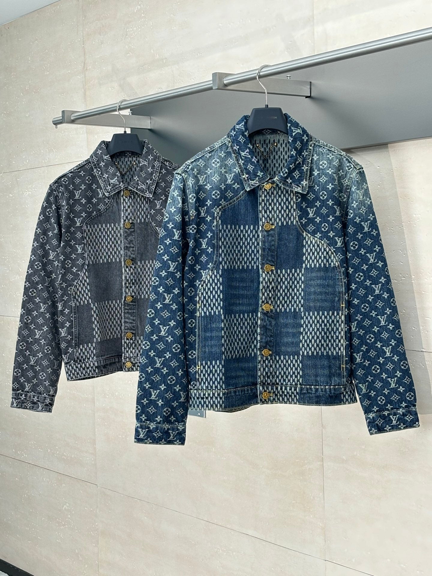 Pair of Louis Vuitton long-sleeve denim jackets with blue monogram patchwork panels