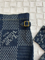 Dark blue denim shorts with LV monogram print, belt loops, gold buckle detail