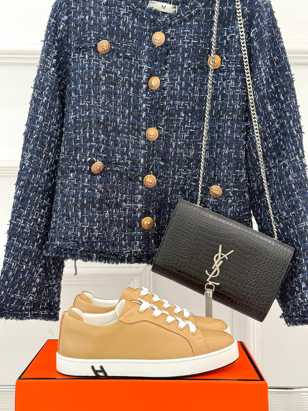 Ladies' Hermes sneakers, tan leather with white laces and low rubber sole