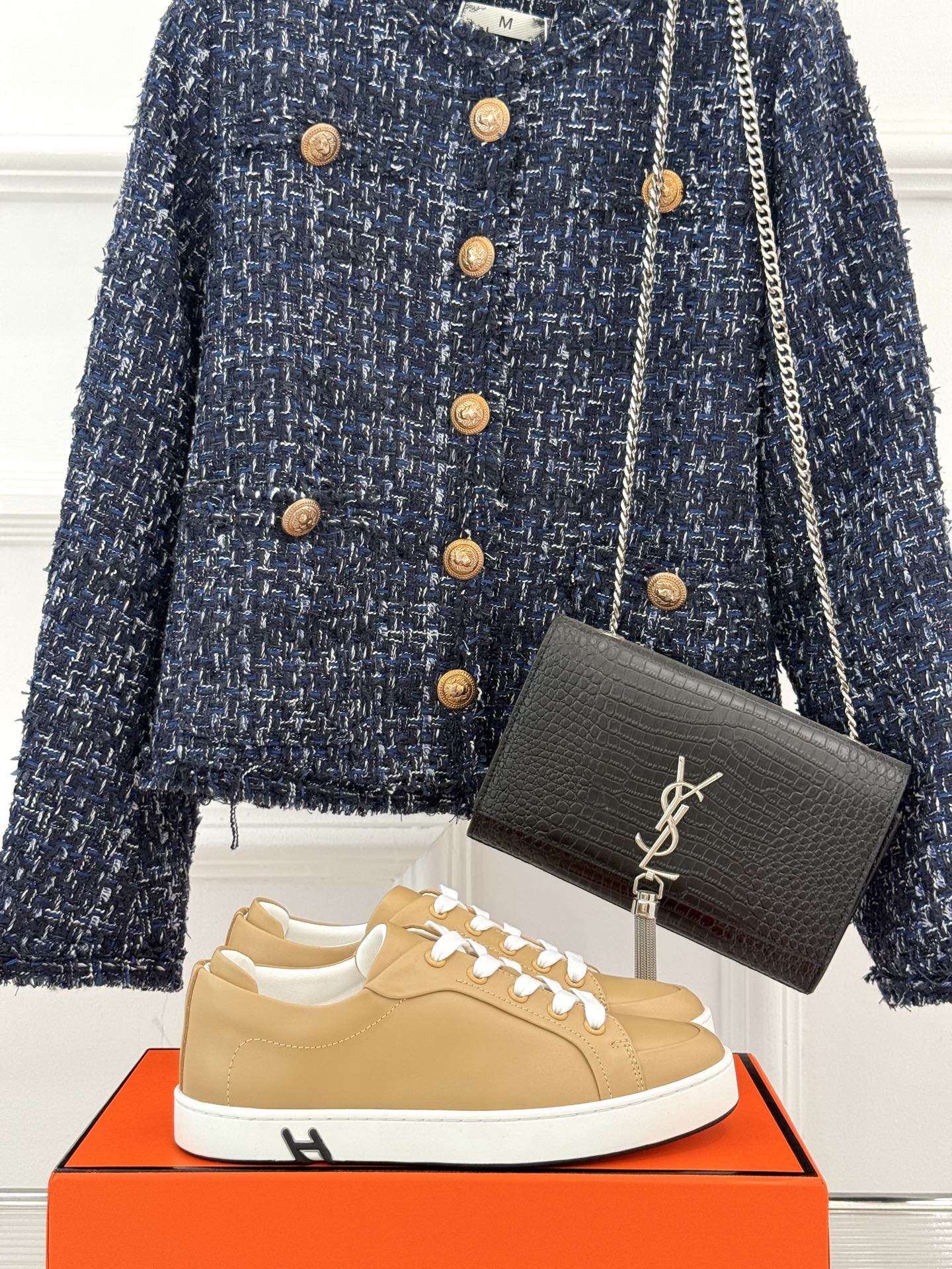 Ladies' Hermes sneakers, tan leather with white laces and low rubber sole