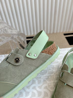Unisex slip-on shoes, light green suede with studded buckle strap and mint rubber sole