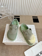 Unisex slip-on shoes, light green suede upper with front buckle strap and green lining