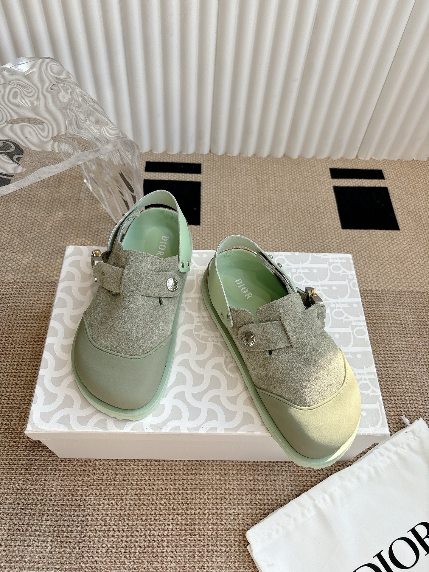 Unisex slip-on shoes, light green suede upper with front buckle strap and green lining