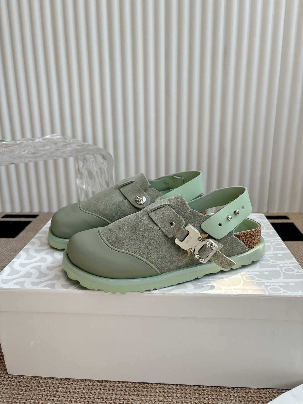 Unisex slip-on shoes, light green suede with double buckles and metallic stud details