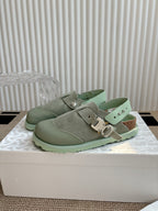 Unisex slip-on shoes, light green suede with double buckles and metallic stud details