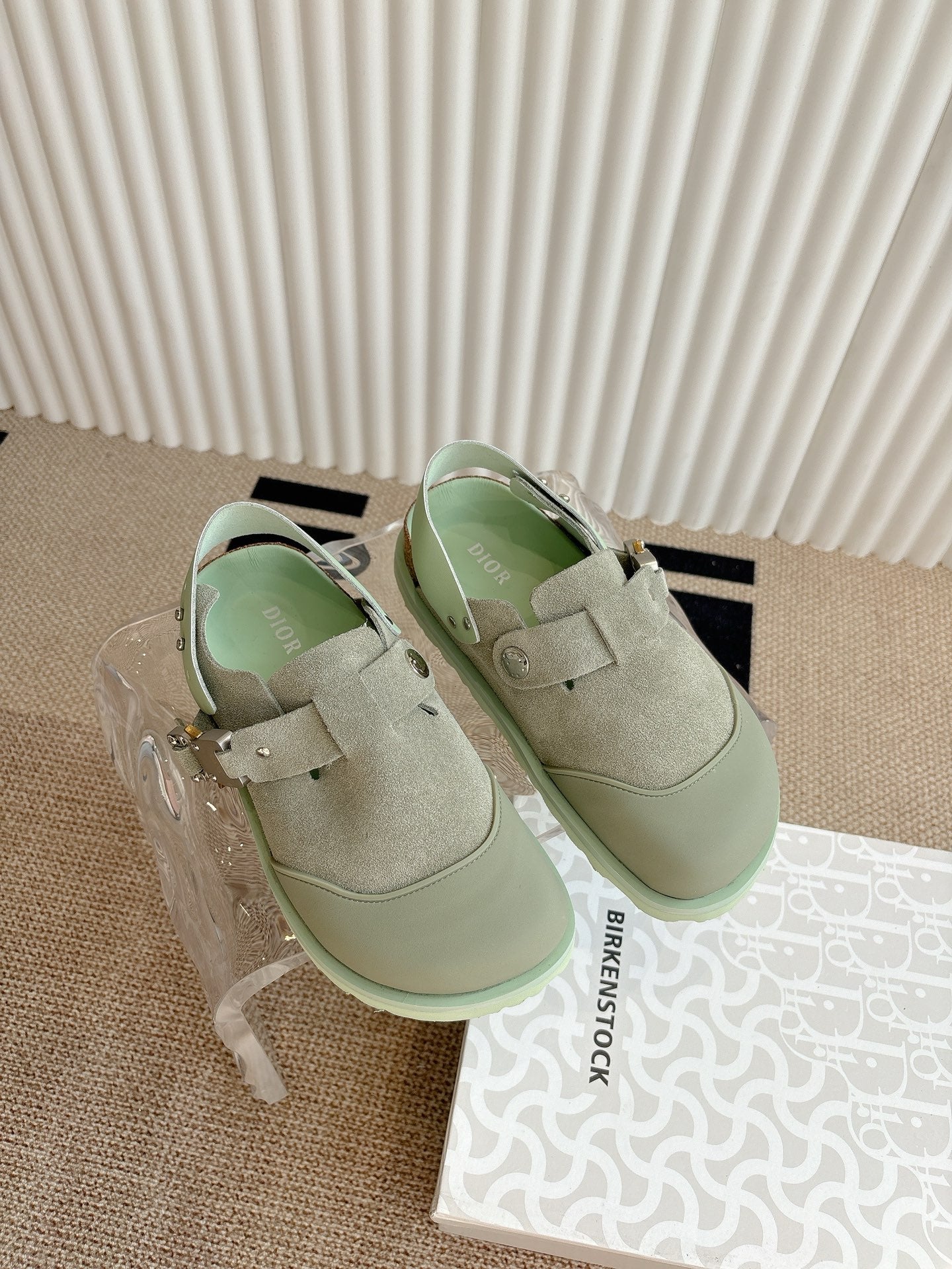 Unisex slip-on loafers, light green suede with square buckle straps and mint outsole