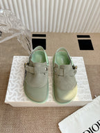 Dior unisex slip-on shoes, light green suede with two buckle straps and mint sole
