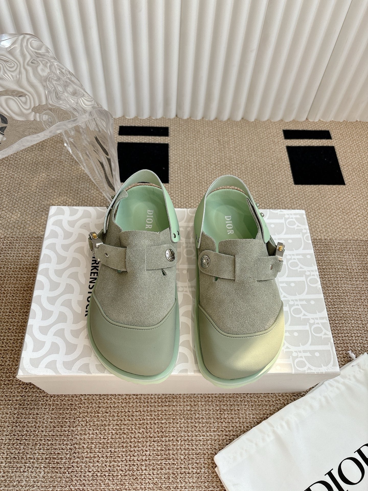 Dior unisex slip-on shoes, light green suede with two buckle straps and mint sole