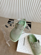 Unisex slip-on shoes, light green suede with front buckle straps and cushioned footbed