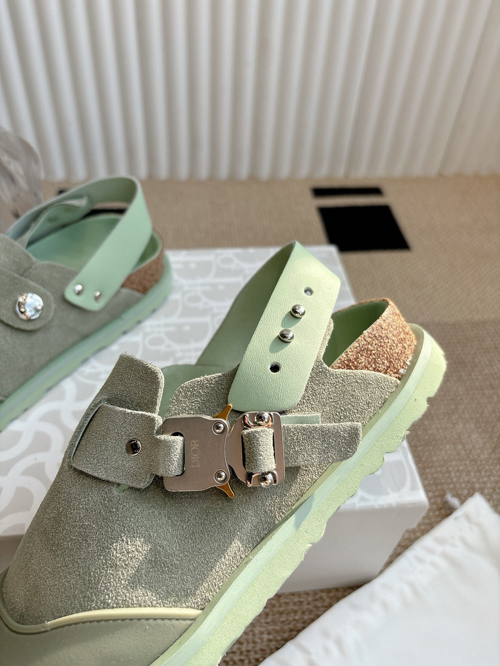 Unisex slip-on shoes, light green suede with cork insole and double buckle straps