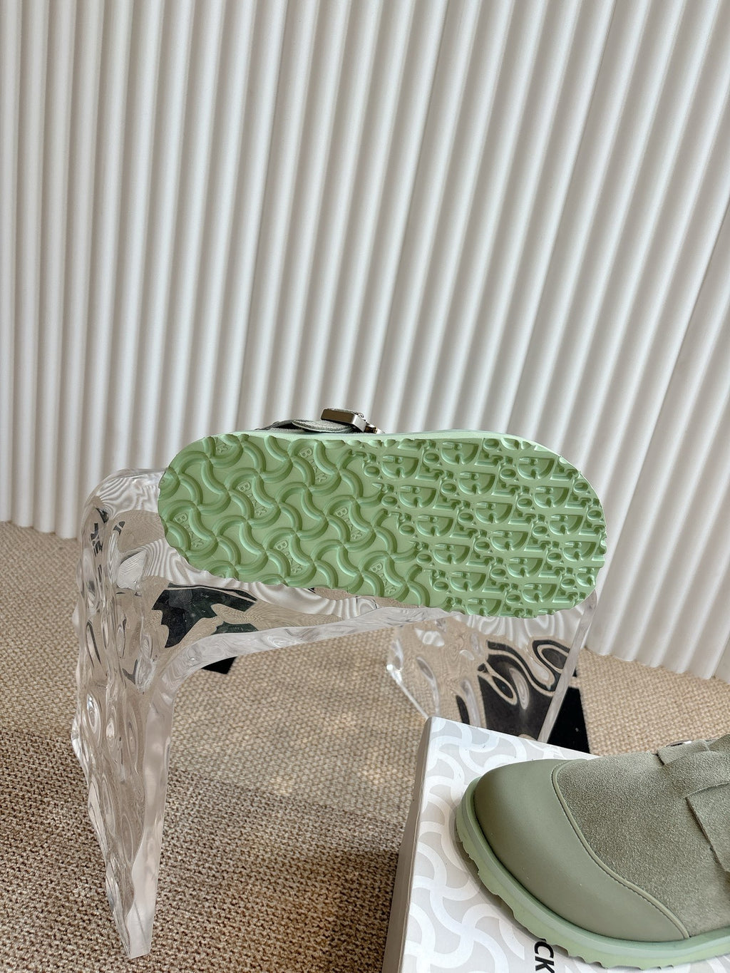 Unisex slip-on shoe outsole, textured light green tread with rear heel grip