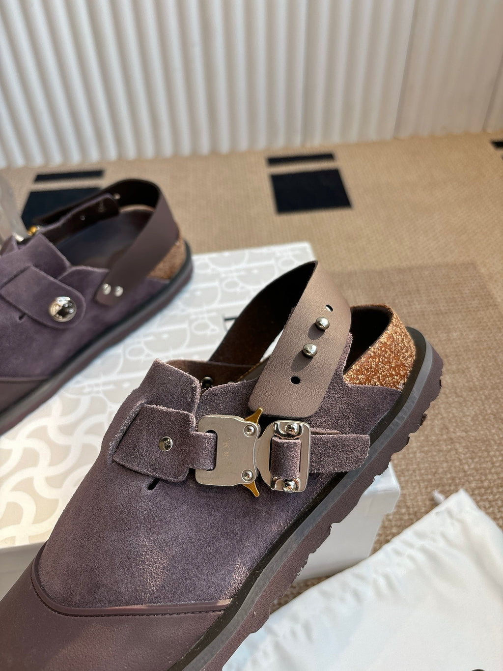 Unisex suede shoes with adjustable strap, metal hardware, dark taupe