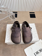 Unisex suede slip-on shoes with adjustable strap and buckle, dark taupe