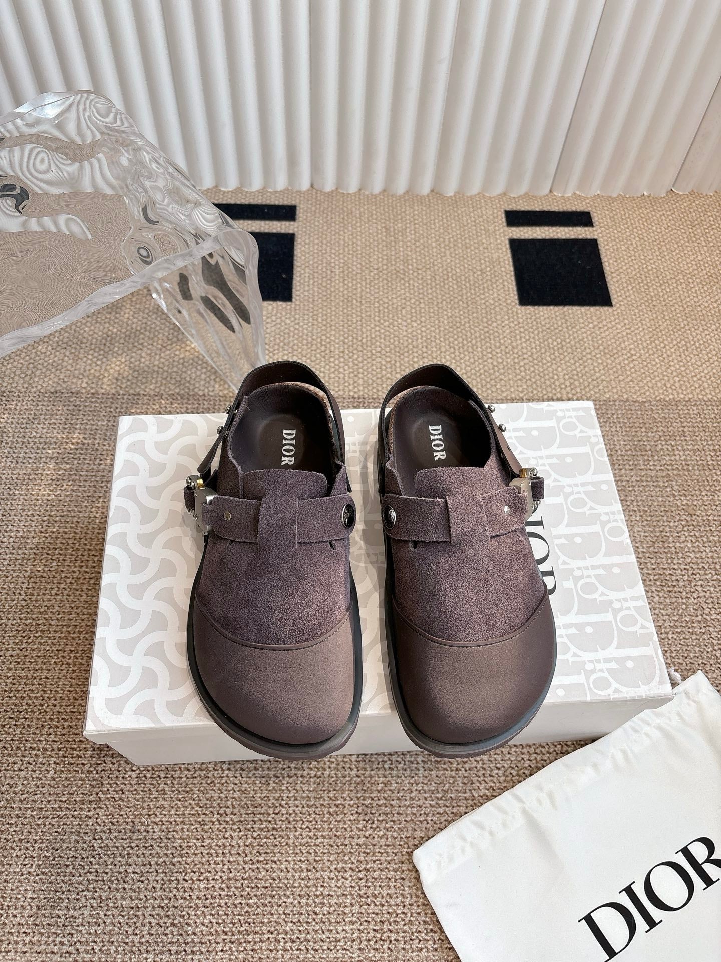 Unisex suede slip-on shoes with adjustable strap and buckle, dark taupe