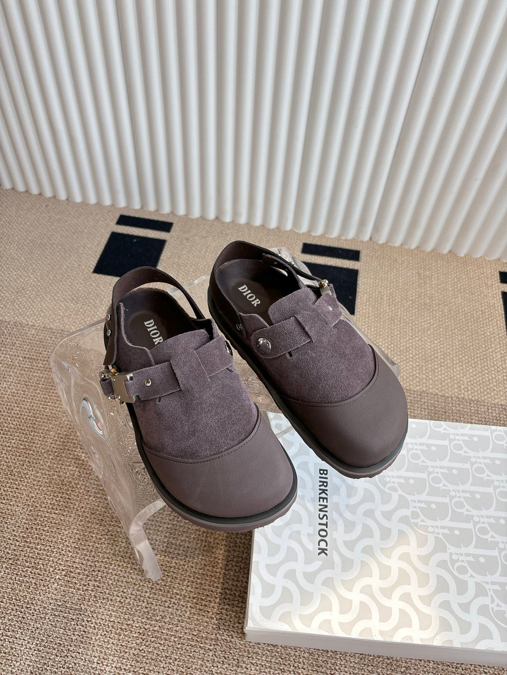 Unisex suede loafers with strap and buckle, dark taupe, side-by-side