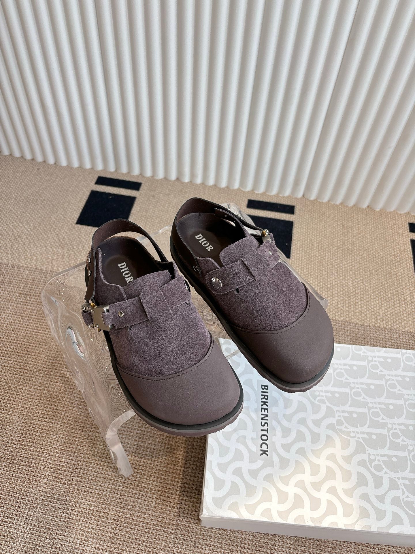 Unisex suede loafers with strap and buckle, dark taupe, side-by-side