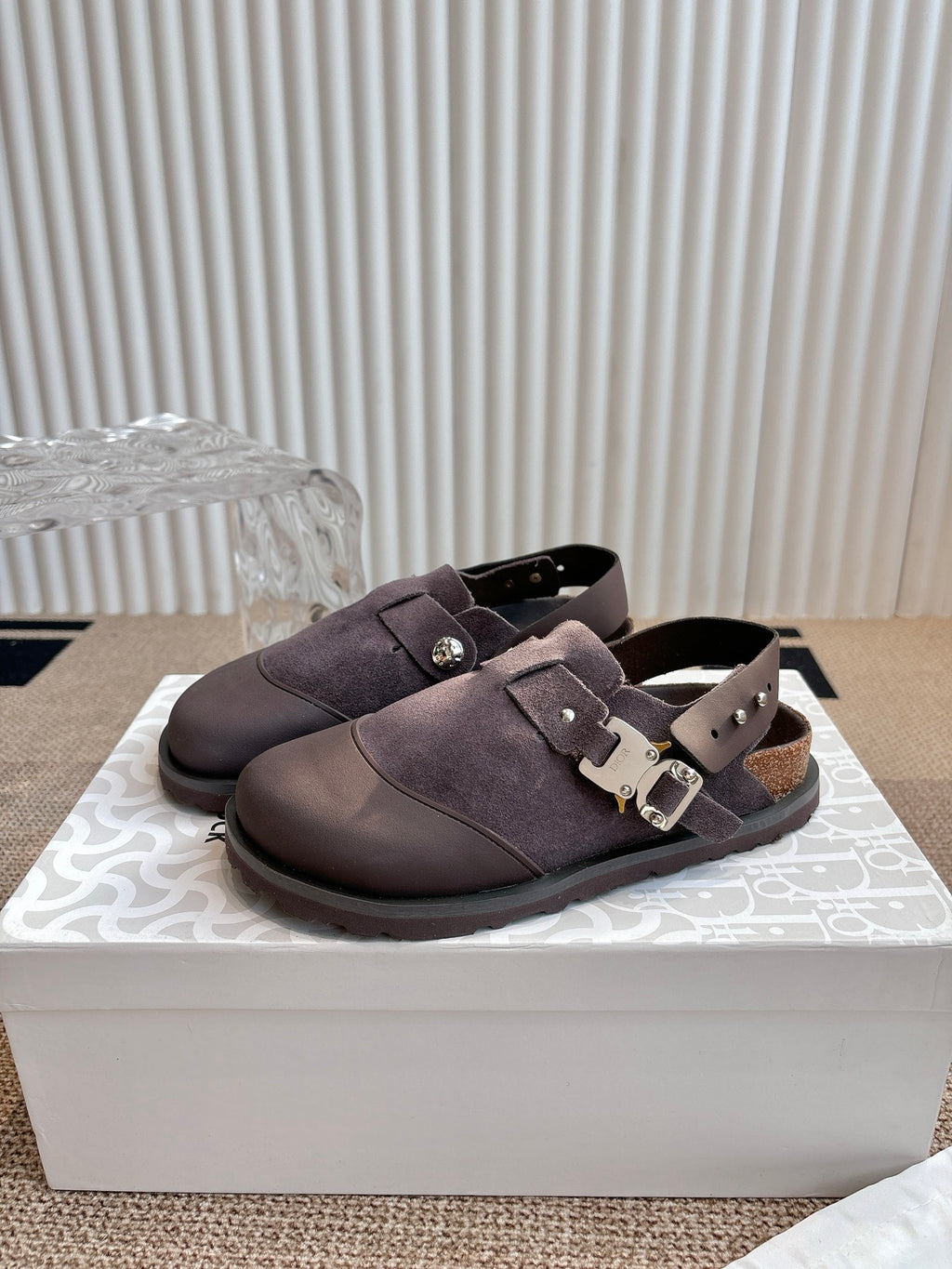 Unisex suede strap shoes with metal buckle detail, dark taupe
