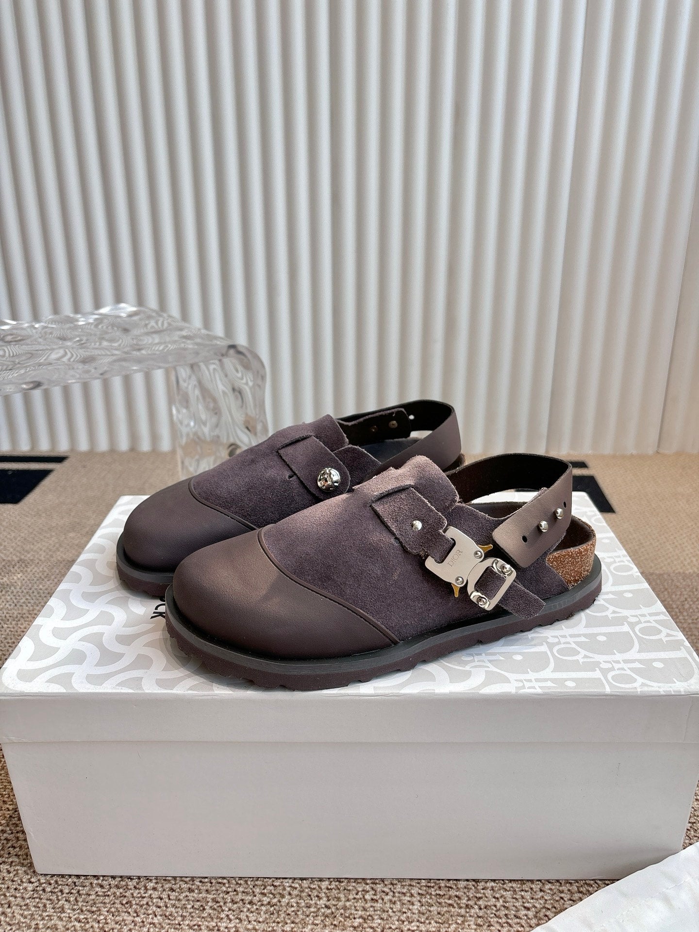 Unisex suede strap shoes with metal buckle detail, dark taupe