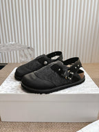 Black and dark gray sandals with felt upper and adjustable buckle cross strap