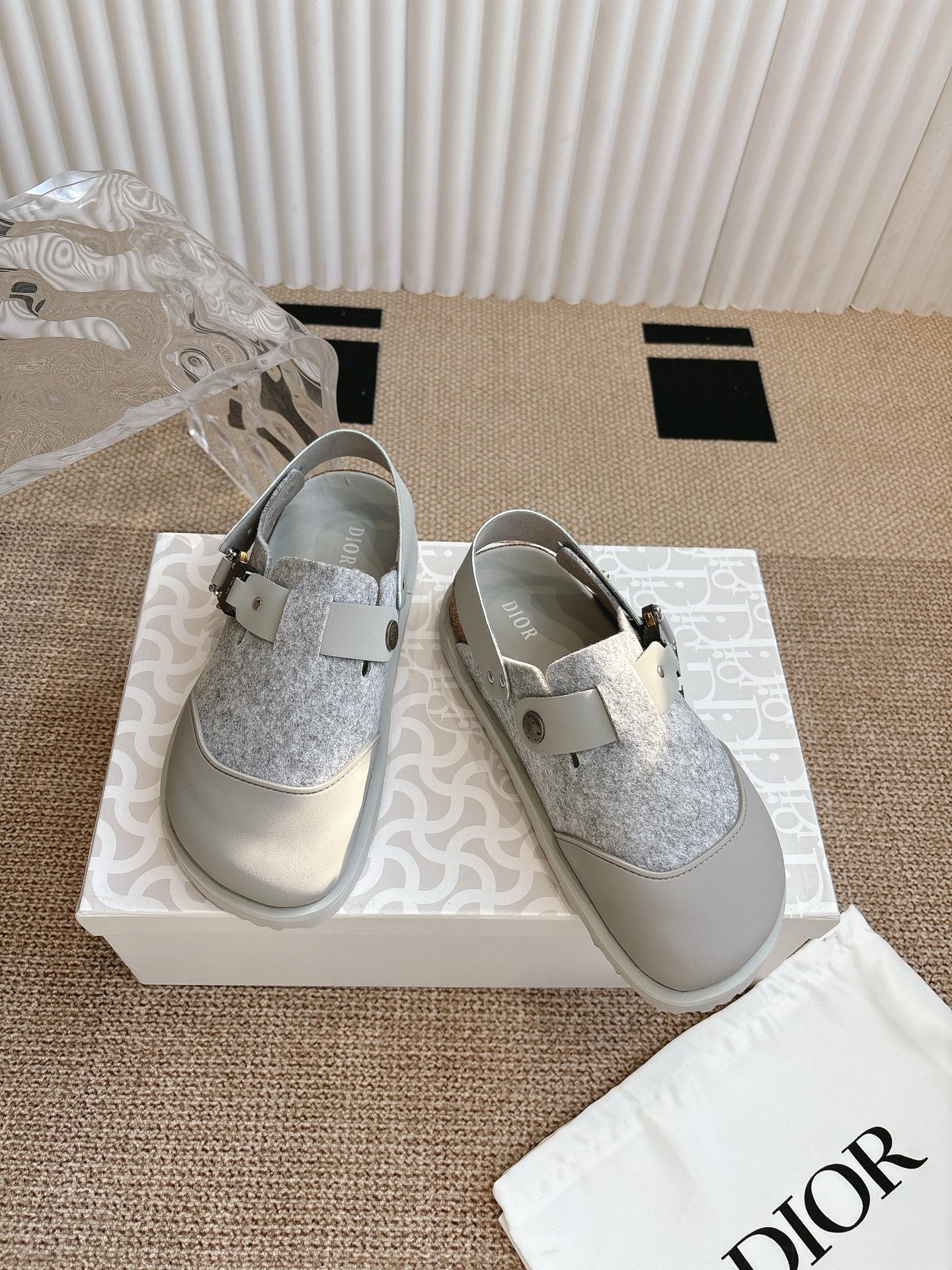Dior unisex shoes, gray glitter panels with white strap and metal buckle detail