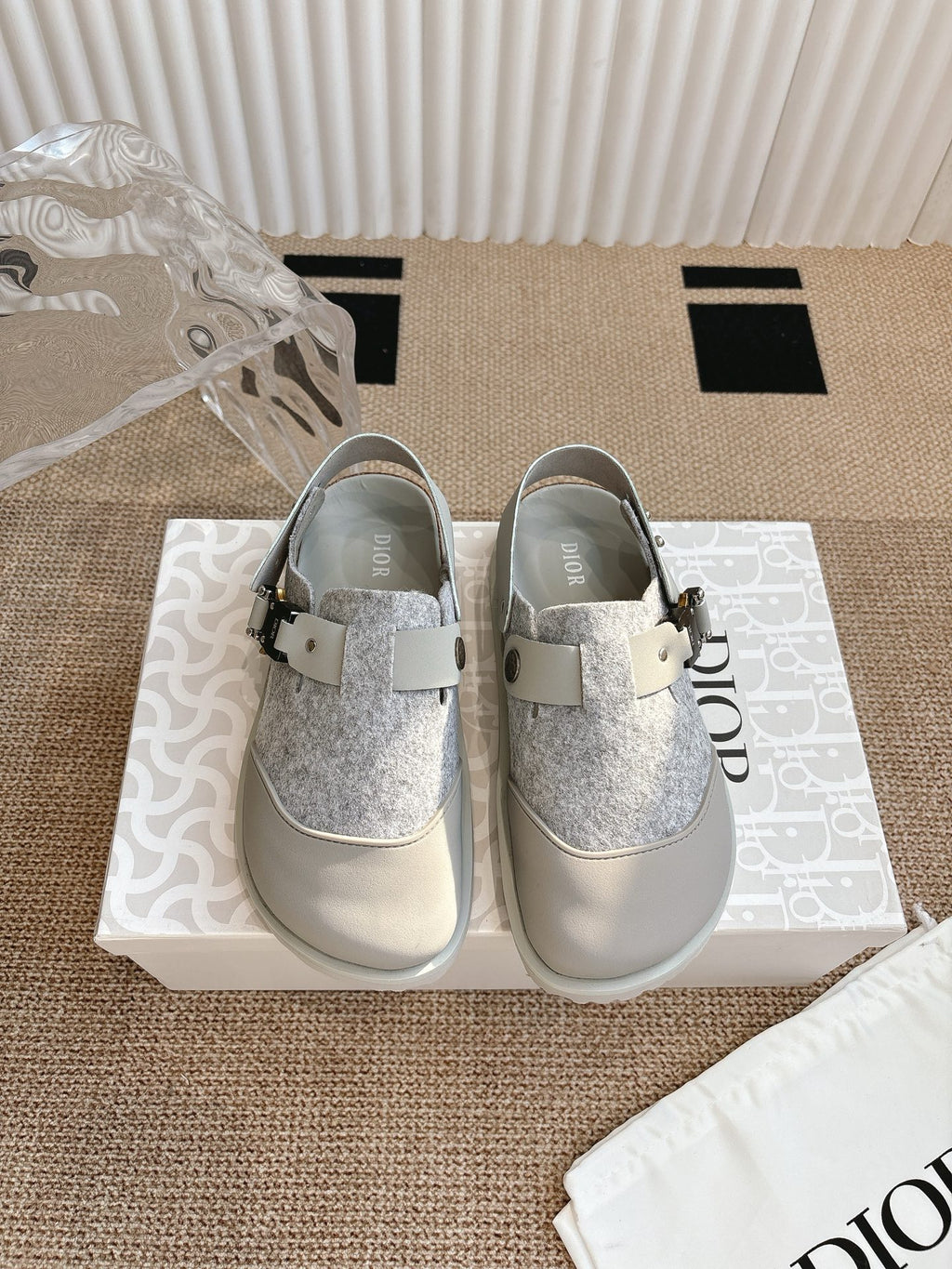 Dior unisex shoes with gray glitter uppers and white strap buckles