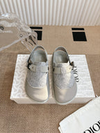 Dior unisex shoes with gray glitter uppers and white strap buckles