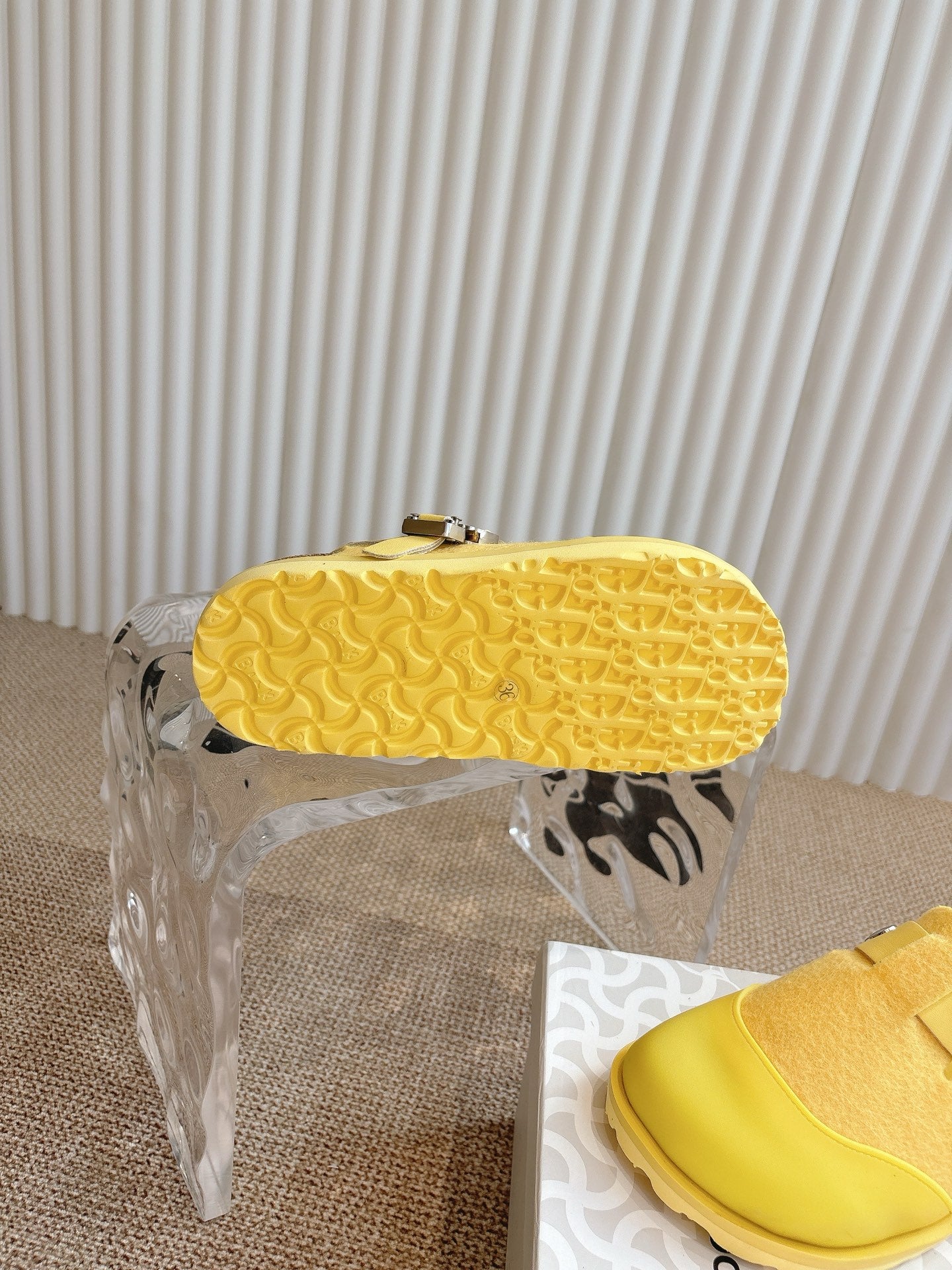 Dior unisex shoe outsole tread in yellow, with buckle strap edge